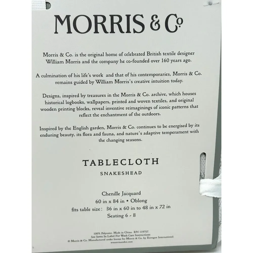 William Morris & Co Snakeshead OBLONG Tablecloth 60X84” In. Seats 6-8 Green Crm